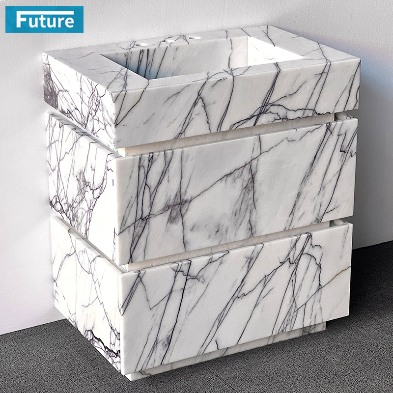 Luxury Modern Natural Stone White Lilac Marble Wash Basin Sink Bathroom Vanity with Two Cabinets Drawers for Hotel Villa