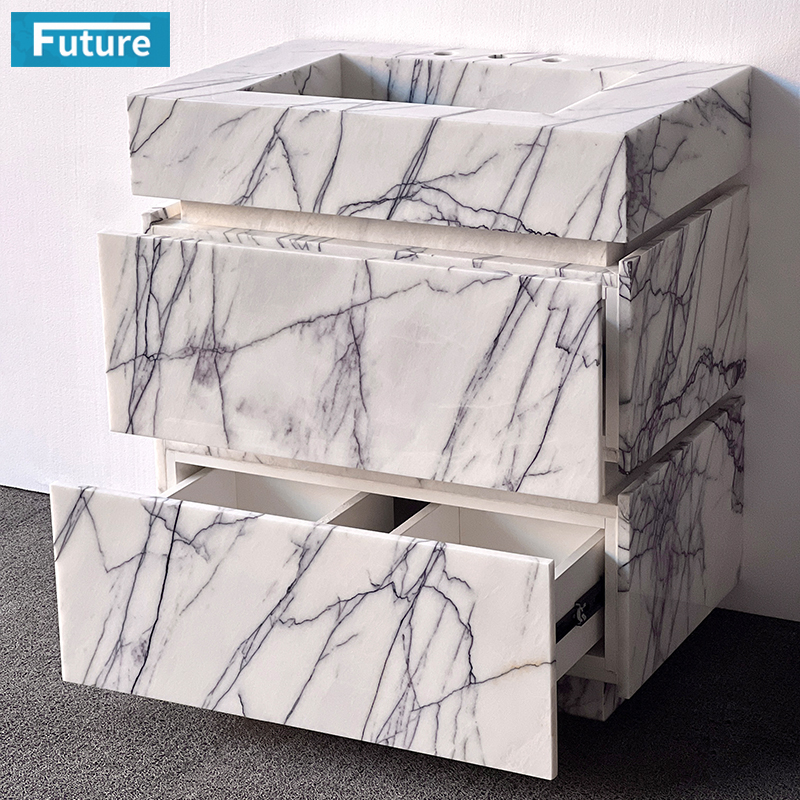 Luxury Modern Natural Stone White Lilac Marble Wash Basin Sink Bathroom Vanity with Two Cabinets Drawers for Hotel Villa