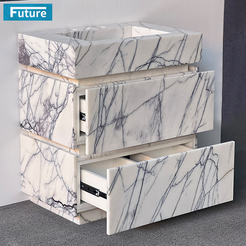 Luxury Modern Natural Stone White Lilac Marble Wash Basin Sink Bathroom Vanity with Two Cabinets Drawers for Hotel Villa
