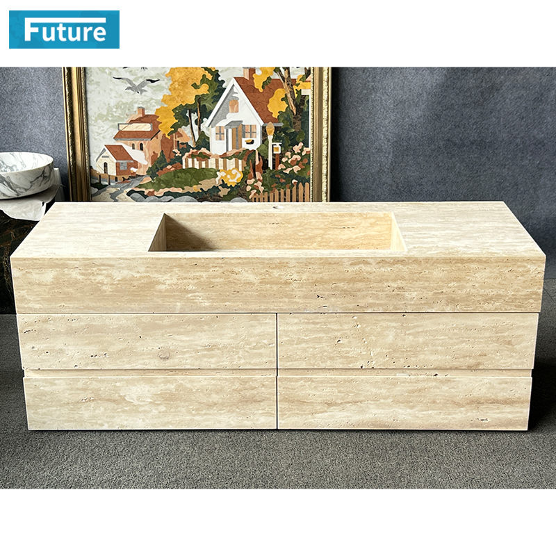Wabi-sabi Natural Stone Beige or Sliver Grey Travertine Wash Basin Sink Bathroom Vanity with Cabinets Drawers for Hotel Villa