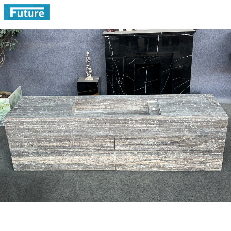 Wabi-sabi Natural Stone Beige or Sliver Grey Travertine Wash Basin Sink Bathroom Vanity with Cabinets Drawers for Hotel Villa
