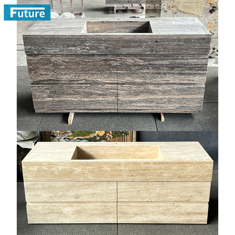 Wabi-sabi Natural Stone Beige or Sliver Grey Travertine Wash Basin Sink Bathroom Vanity with Cabinets Drawers for Hotel Villa