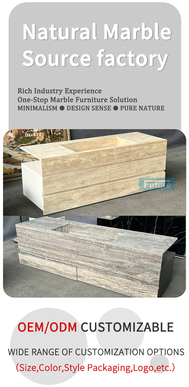 Wabi-sabi Natural Stone Beige or Sliver Grey Travertine Wash Basin Sink Bathroom Vanity with Cabinets Drawers for Hotel Villa