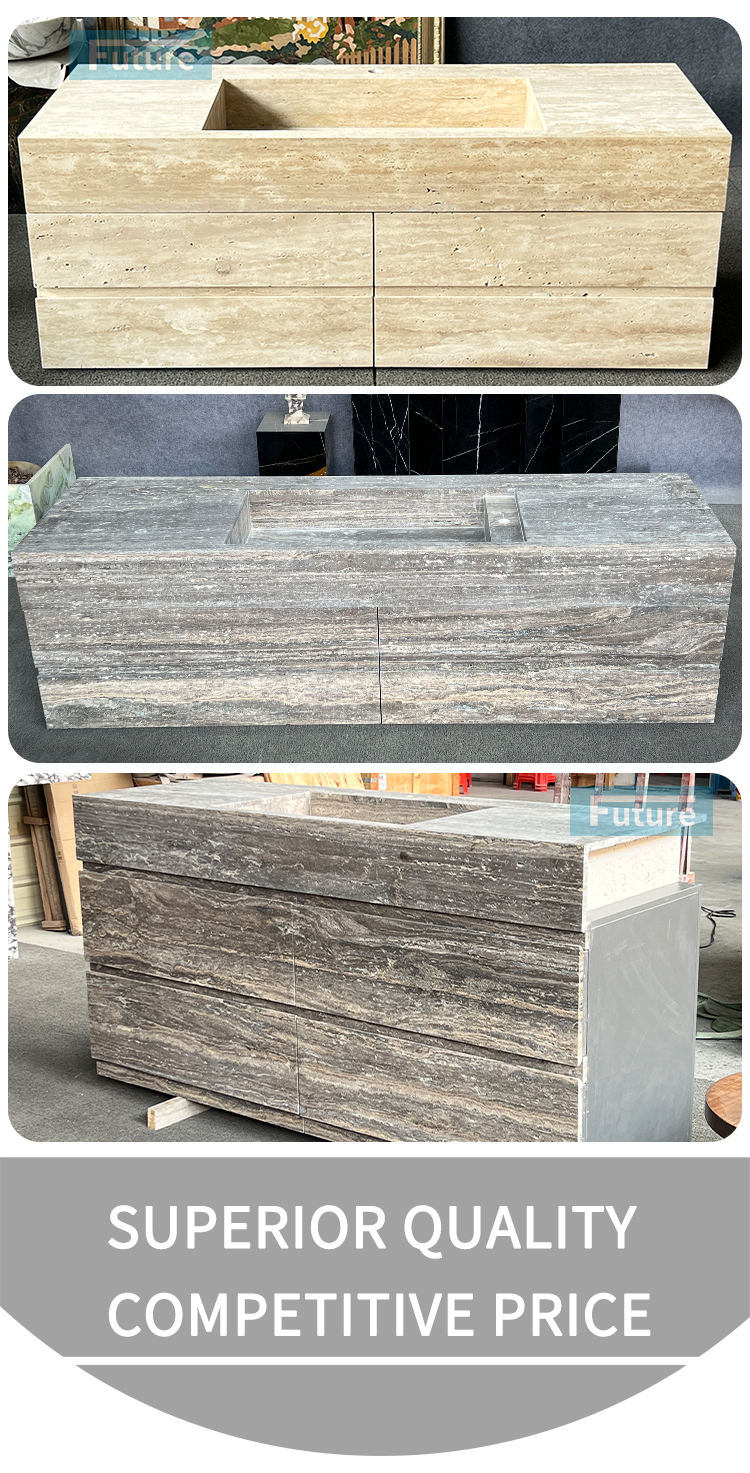 Wabi-sabi Natural Stone Beige or Sliver Grey Travertine Wash Basin Sink Bathroom Vanity with Cabinets Drawers for Hotel Villa