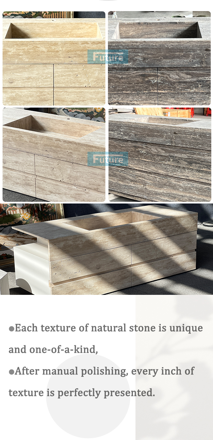 Wabi-sabi Natural Stone Beige or Sliver Grey Travertine Wash Basin Sink Bathroom Vanity with Cabinets Drawers for Hotel Villa