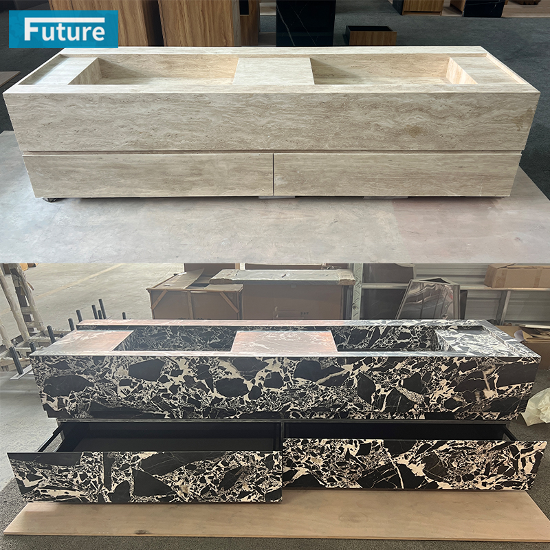Calacatta Black Marble and White Travertine Bathroom Vanity with Two Wash Basin Sink Two and Cabinets Drawers for Hotel Villa Decor