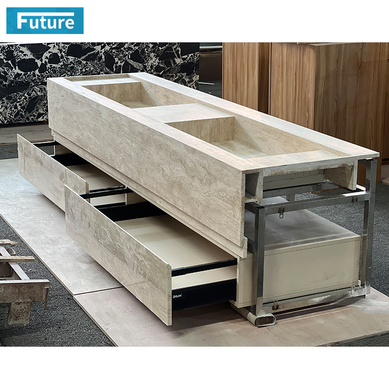 Calacatta Black Marble and White Travertine Bathroom Vanity with Two Wash Basin Sink Two and Cabinets Drawers for Hotel Villa Decor
