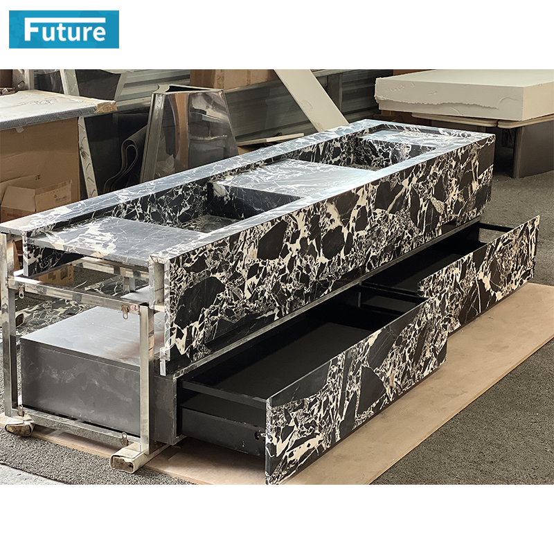 Calacatta Black Marble and White Travertine Bathroom Vanity with Two Wash Basin Sink Two and Cabinets Drawers for Hotel Villa Decor