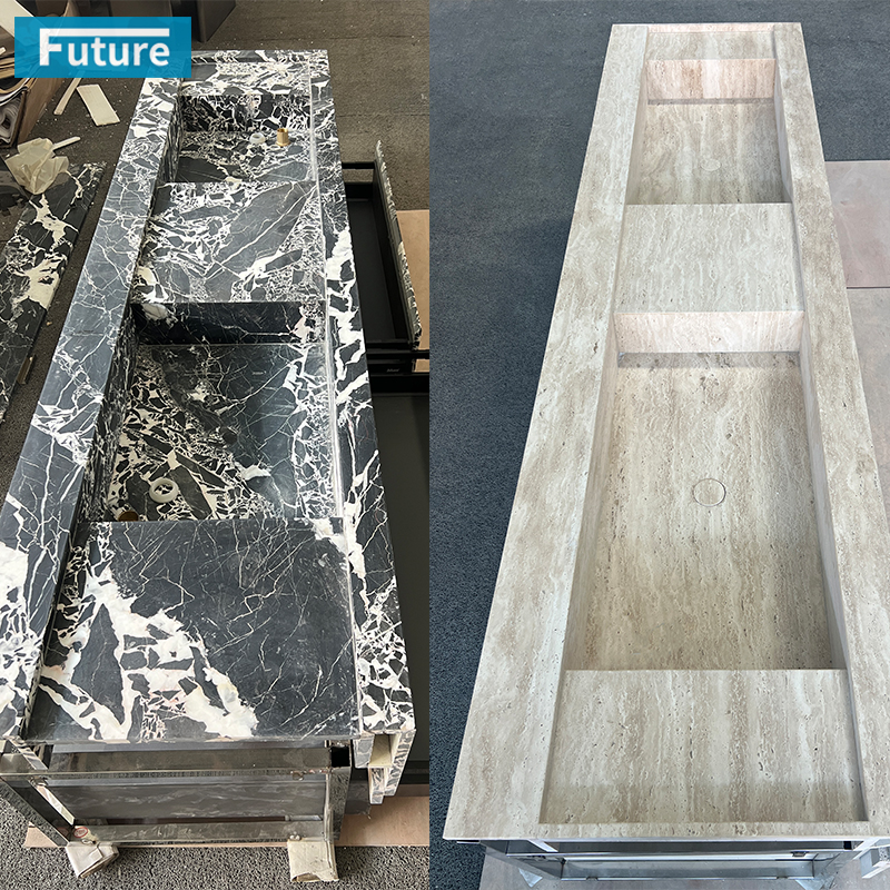 Calacatta Black Marble and White Travertine Bathroom Vanity with Two Wash Basin Sink Two and Cabinets Drawers for Hotel Villa Decor