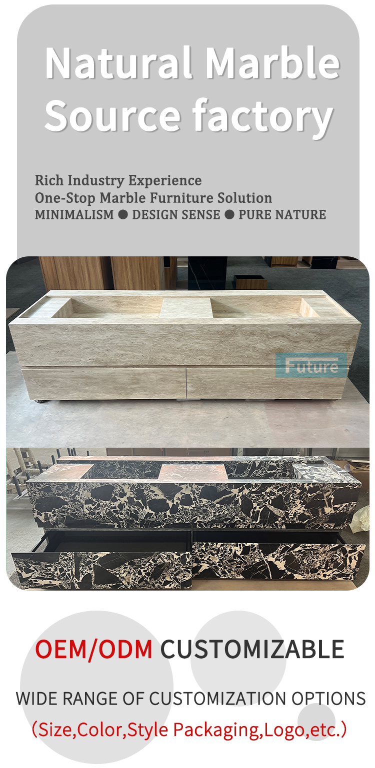 Calacatta Black Marble and White Travertine Bathroom Vanity with Two Wash Basin Sink Two and Cabinets Drawers for Hotel Villa Decor