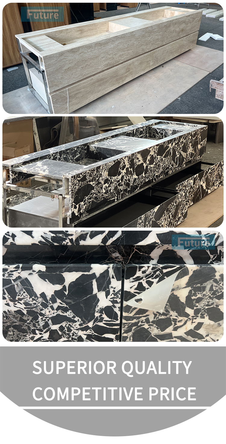 Calacatta Black Marble and White Travertine Bathroom Vanity with Two Wash Basin Sink Two and Cabinets Drawers for Hotel Villa Decor