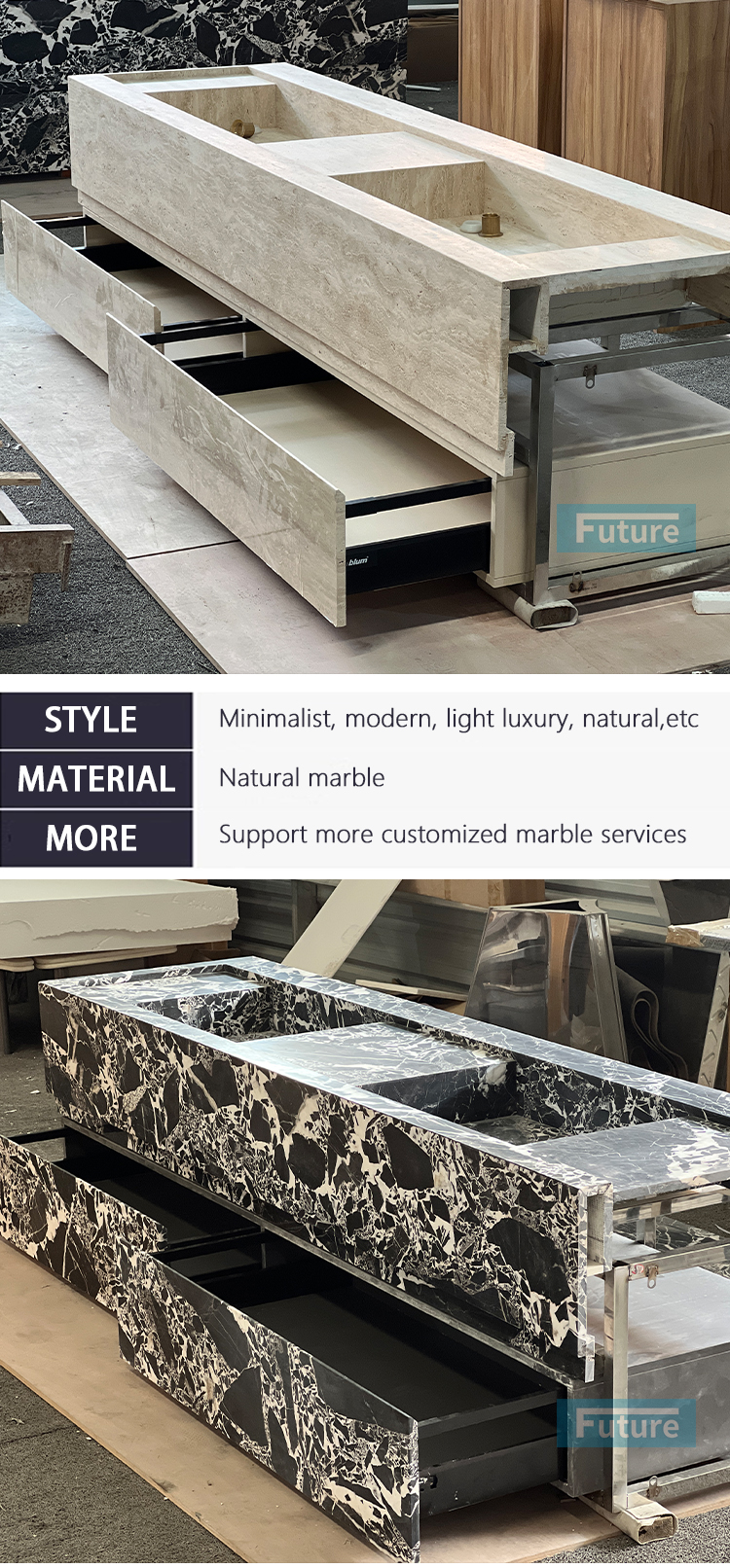 Calacatta Black Marble and White Travertine Bathroom Vanity with Two Wash Basin Sink Two and Cabinets Drawers for Hotel Villa Decor