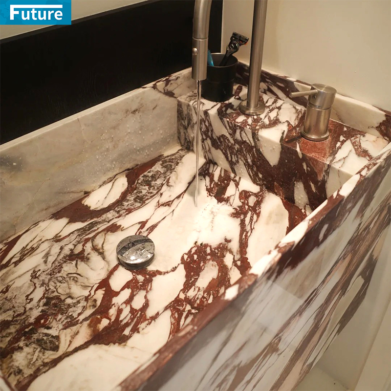 Customize Size Calacatta Red Marble Bathroom Vanity with Wash Basin Sink Two for Hotel Villa Shopping Mall Luxury Aapartment Bathroom