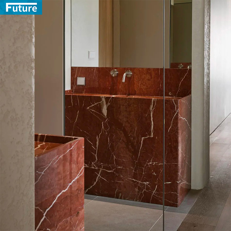 Customize Size Calacatta Red Marble Bathroom Vanity with Wash Basin Sink Two for Hotel Villa Shopping Mall Luxury Aapartment Bathroom