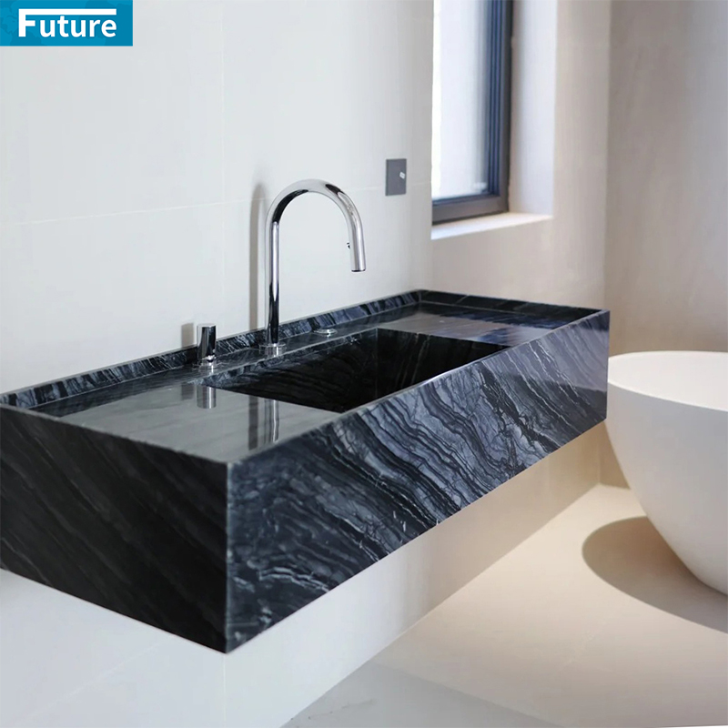Customize Size Luxury Style Natural Black Marble Stone Wash Basin Sink for Hotel Villa Mansions Shopping Mall Luxury Aapartment Bathroom
