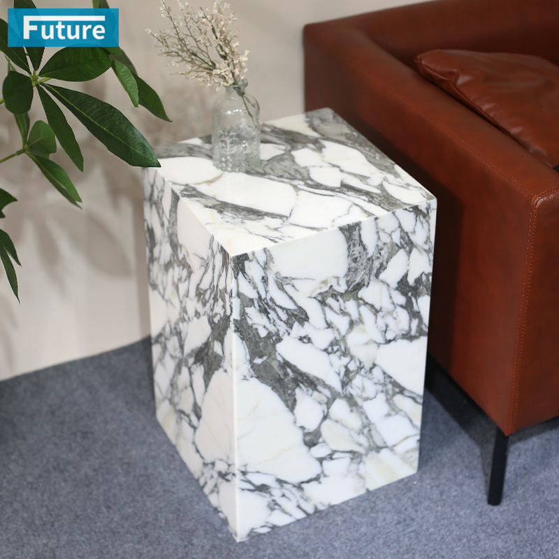 Low Plinth Natural Arabescato White Marble Side Table for Villa Hotel Mansions Living Room