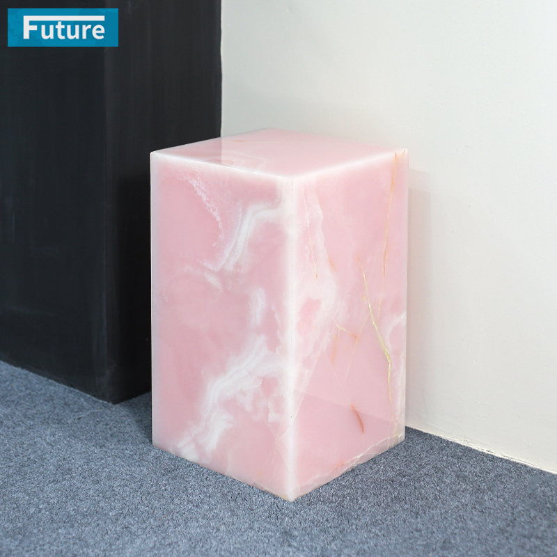 Low Plinth Pink Onyx Marble Side Table Tea Table End Table for Villa Hotel Mansions Living Room Marble Furniture
