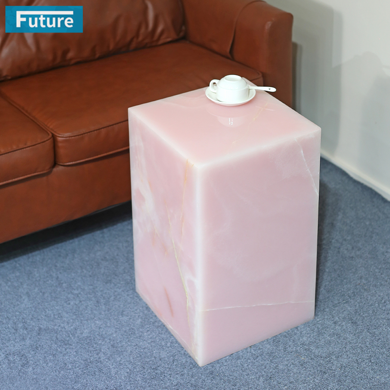 Low Plinth Pink Onyx Marble Side Table Tea Table End Table for Villa Hotel Mansions Living Room Marble Furniture