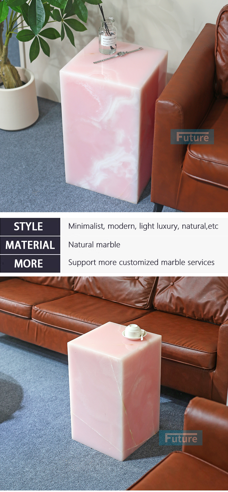 Low Plinth Pink Onyx Marble Side Table Tea Table End Table for Villa Hotel Mansions Living Room Marble Furniture