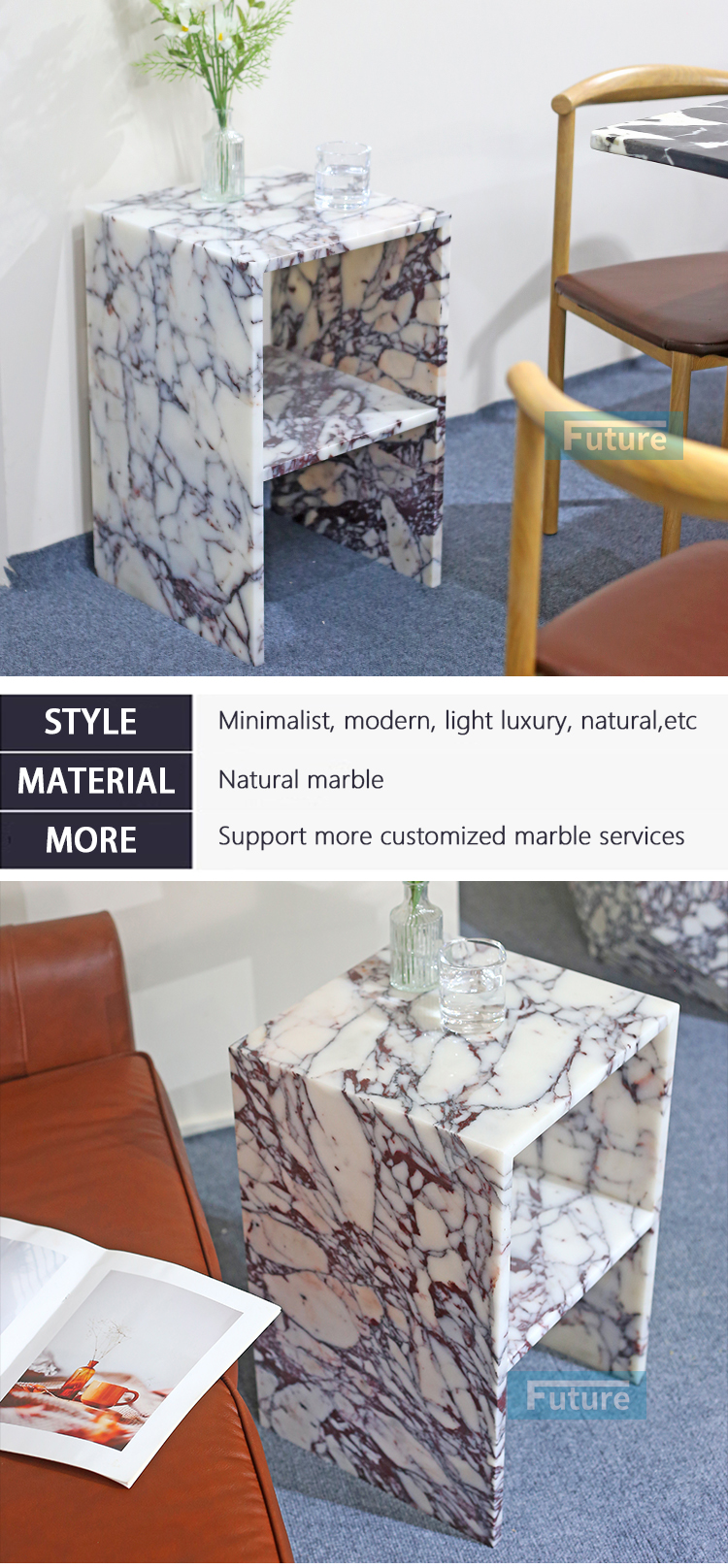 Customiz Size Low Plinth Luxury Natural Stone Calacatta Viola Violet Marble Side Table Tea Table End Table for Villa Hotel Mansions Living Room Furniture