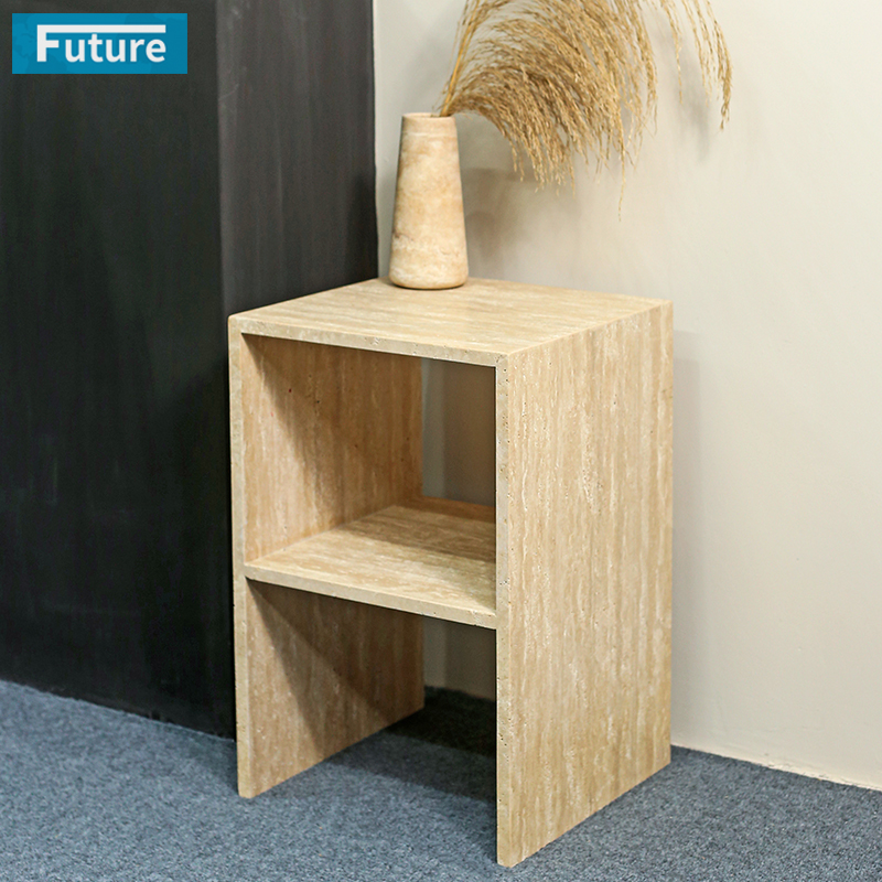 Hollow design Customiz Size Low Plinth Luxury Natural Stone Beige Travertine Side Table Tea Table End Table for Villa Hotel Mansions Living Room Furniture