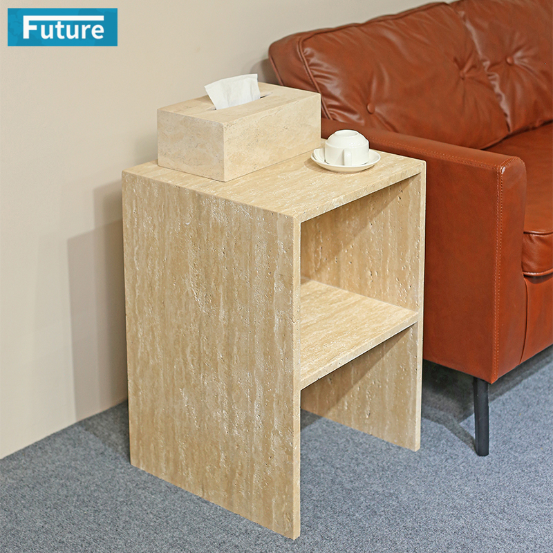 Hollow design Customiz Size Low Plinth Luxury Natural Stone Beige Travertine Side Table Tea Table End Table for Villa Hotel Mansions Living Room Furniture