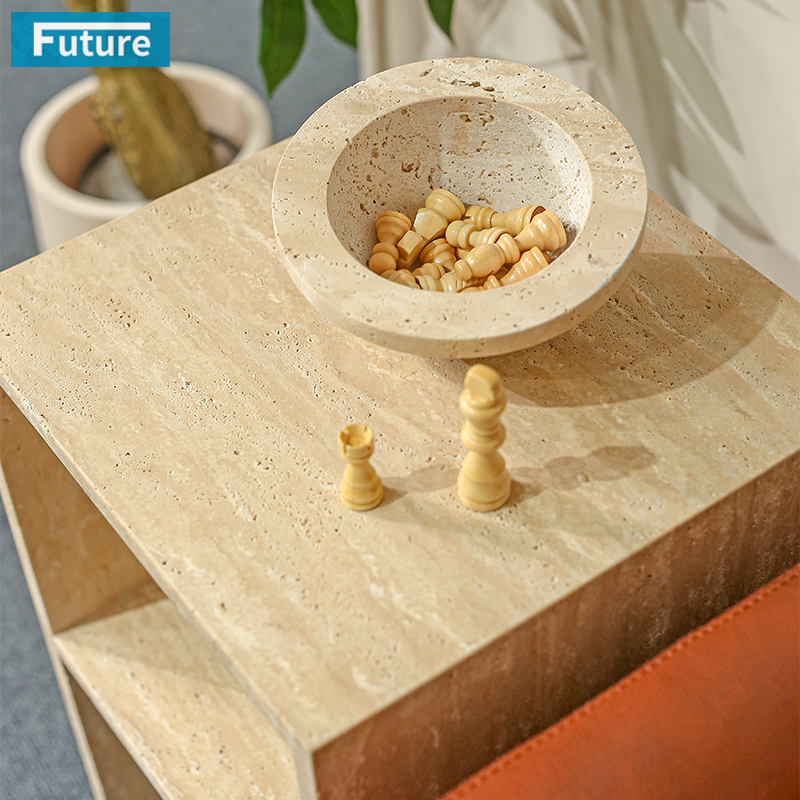 Hollow design Customiz Size Low Plinth Luxury Natural Stone Beige Travertine Side Table Tea Table End Table for Villa Hotel Mansions Living Room Furniture