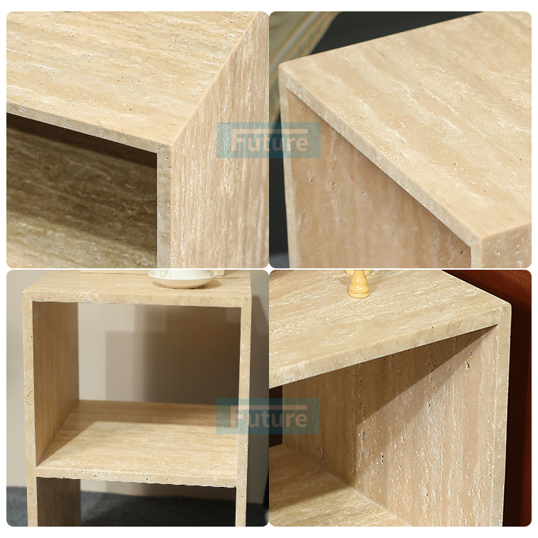 Hollow design Customiz Size Low Plinth Luxury Natural Stone Beige Travertine Side Table Tea Table End Table for Villa Hotel Mansions Living Room Furniture
