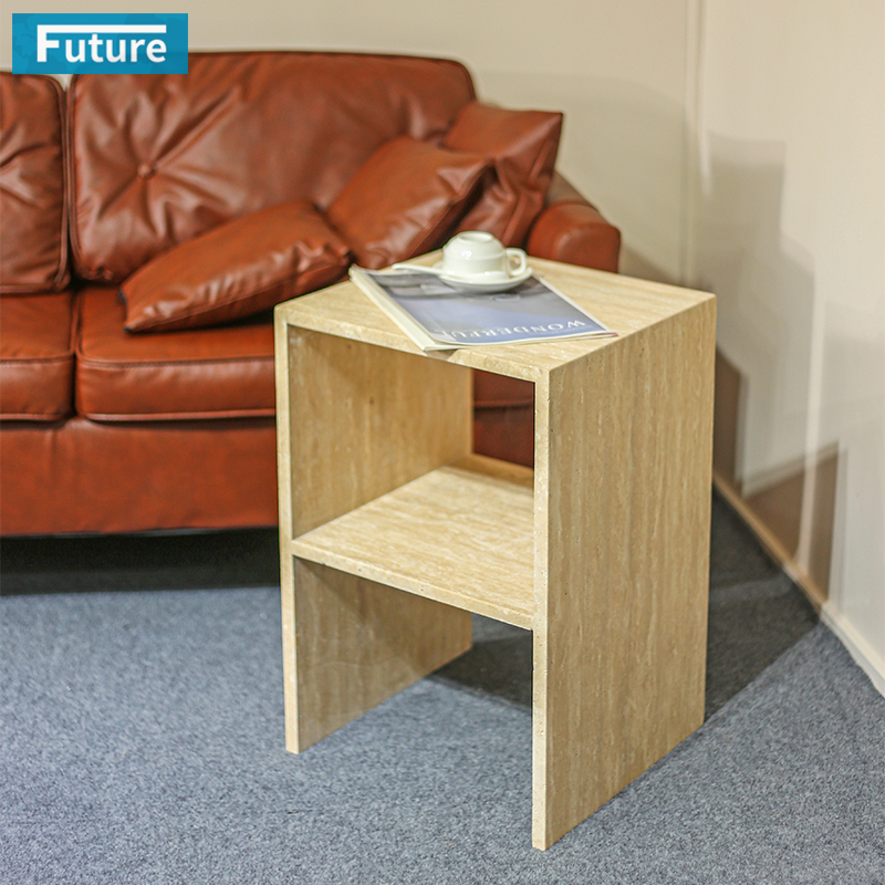 Hollow design Customiz Size Low Plinth Luxury Natural Stone Beige Travertine Side Table Tea Table End Table for Villa Hotel Mansions Living Room Furniture