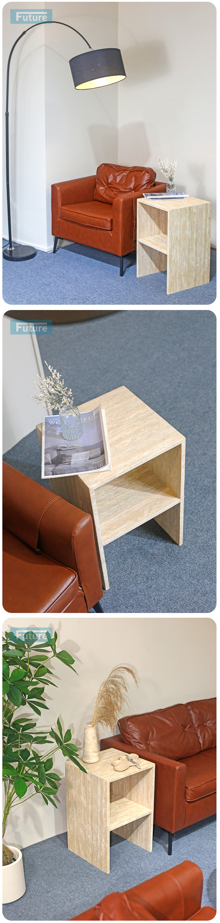 Hollow design Customiz Size Low Plinth Luxury Natural Stone Beige Travertine Side Table Tea Table End Table for Villa Hotel Mansions Living Room Furniture