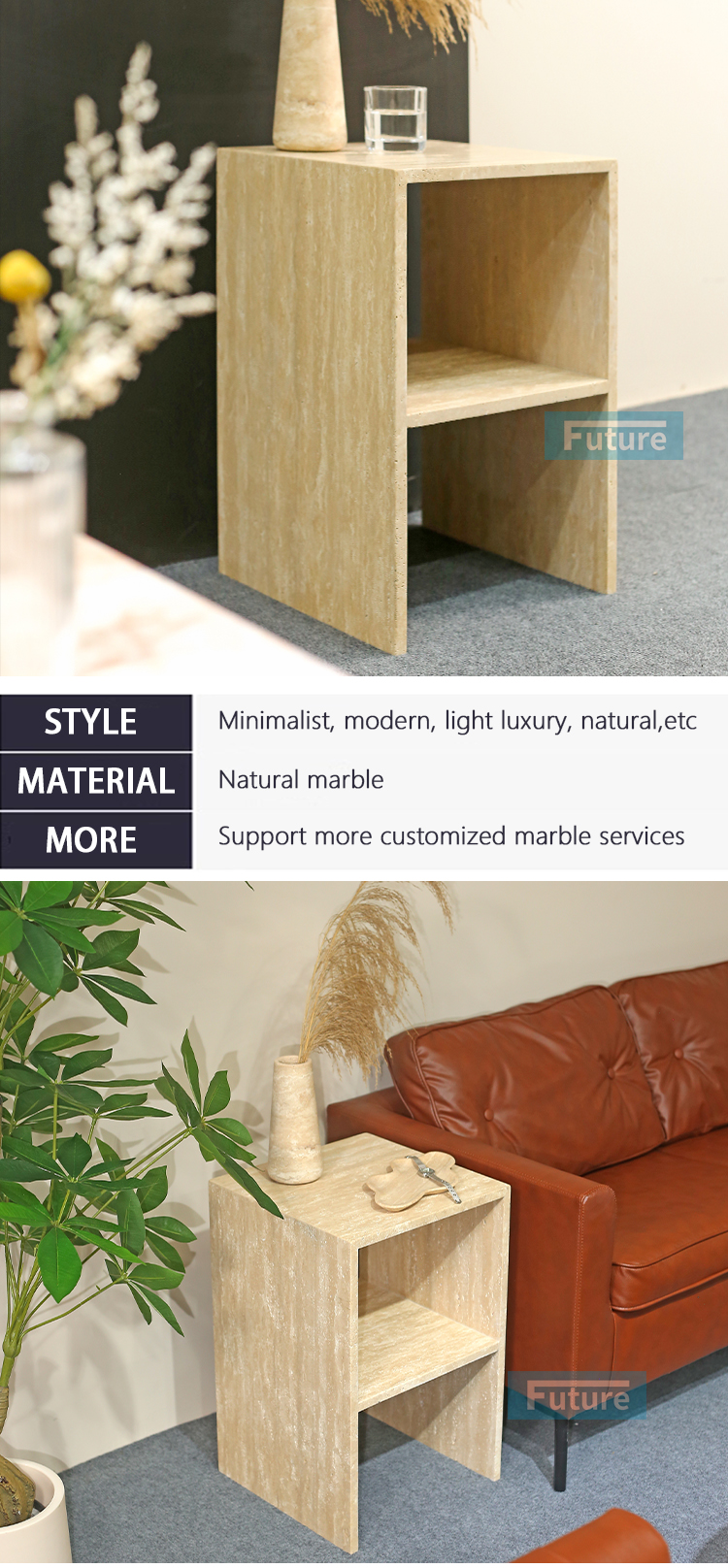 Hollow design Customiz Size Low Plinth Luxury Natural Stone Beige Travertine Side Table Tea Table End Table for Villa Hotel Mansions Living Room Furniture