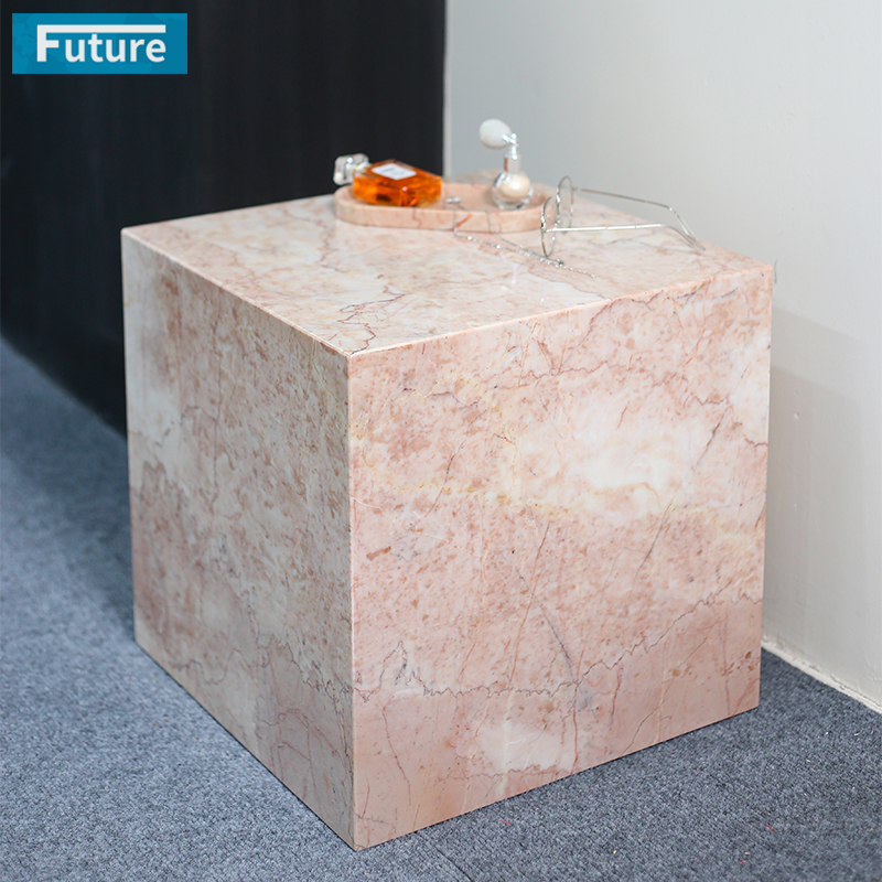 Square Shape Customiz Size Low Plinth Luxury Natural Stone Cream Pink Rose Marble Side Table Tea Table End Table for Villa Hotel Mansions Living Room Furniture