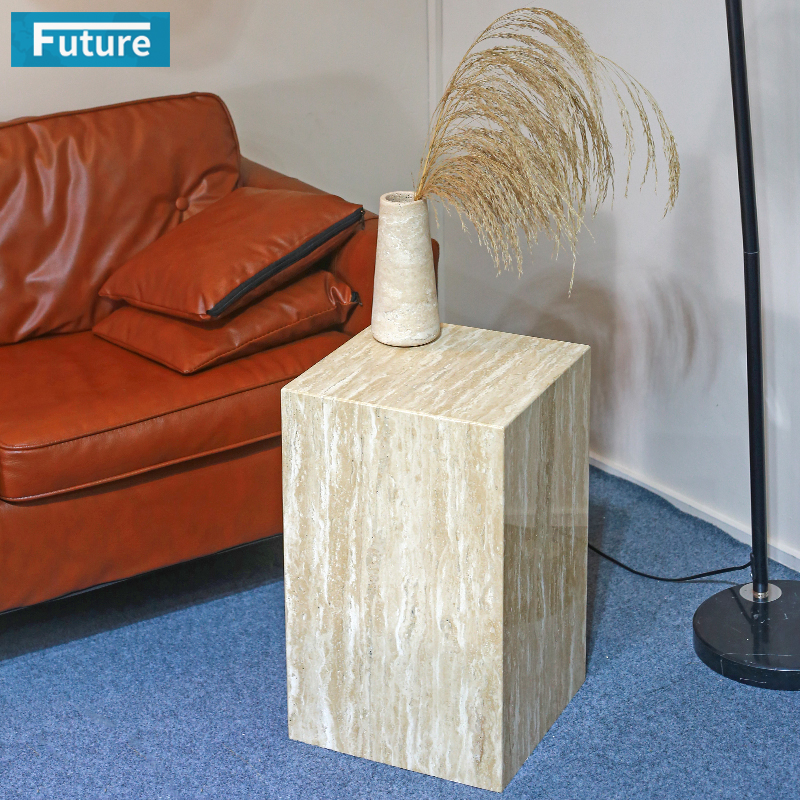 Small Size 100% Natural Stone Wabi-sabi Style Living Room Furniture Bed Sofa Popular Beige Travertine Side End Table