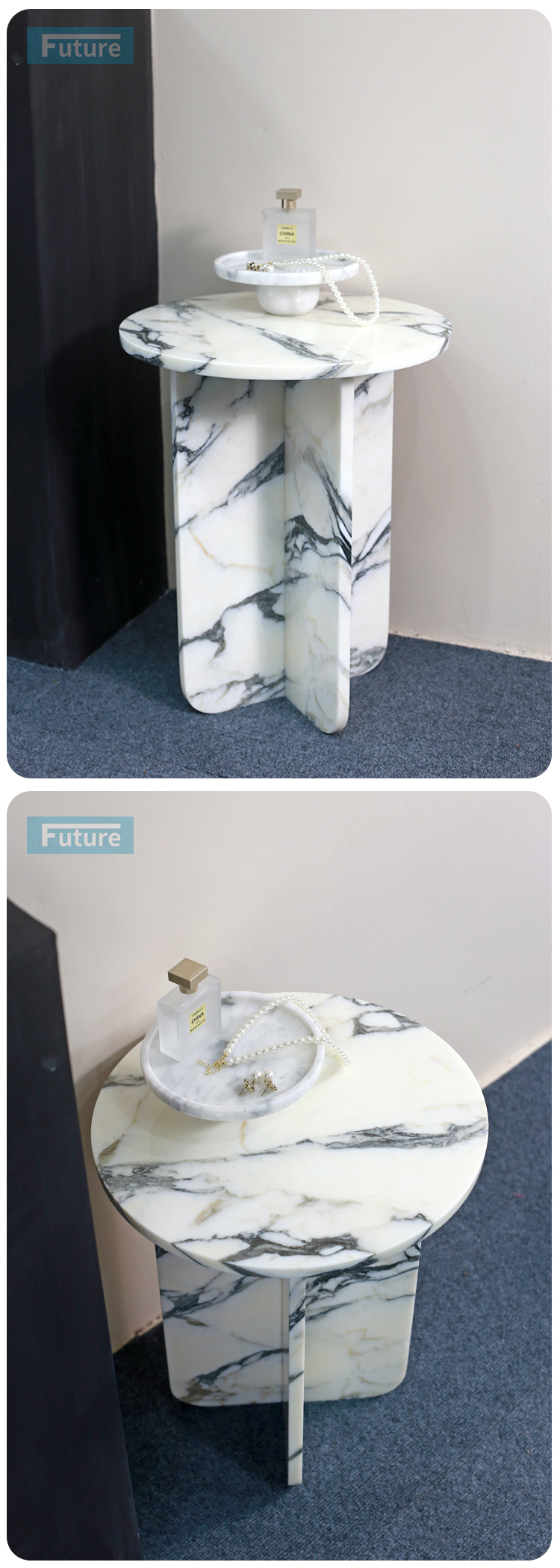 Round Top Modern 100% Natural Arabescato White Marble Stone Side Table for Apartment Villa Mansion Hotel Living Room Bed Rooom Furniture