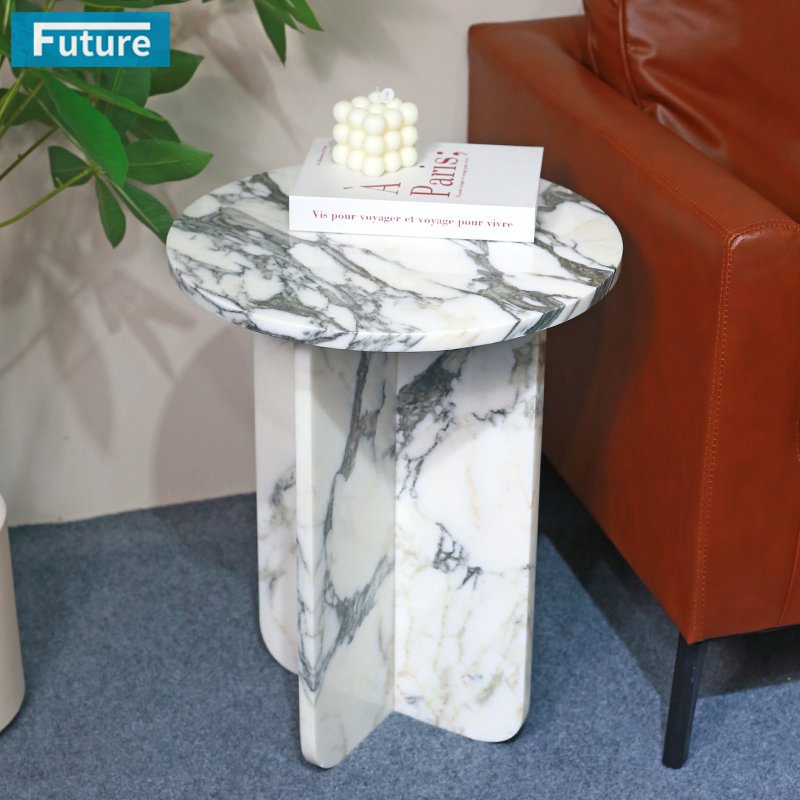 Round Top Modern 100% Natural Arabescato White Marble Stone Side Table for Apartment Villa Mansion Hotel Living Room Bed Rooom Furniture