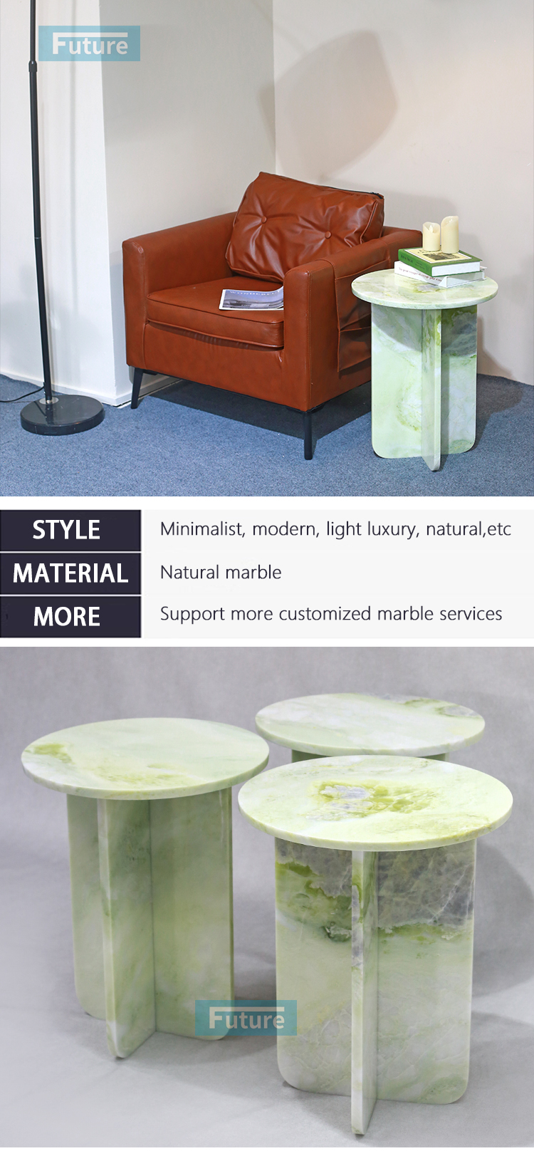 Round Top Modern 100% Natural Fendi Green Marble Stone Side Table for Apartment Villa Mansion Hotel Living Room Bed Rooom Furniture