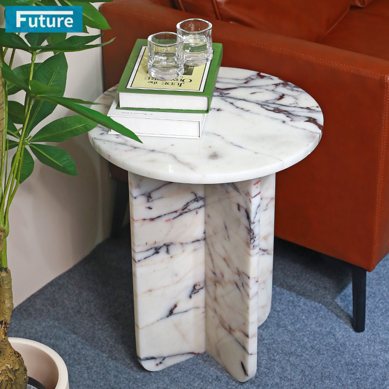 Round Top Modern 100% Natural Calacatta Viola Violet Stone Side Table for Apartment Villa Mansion Hotel Living Room Bed Rooom Furniture