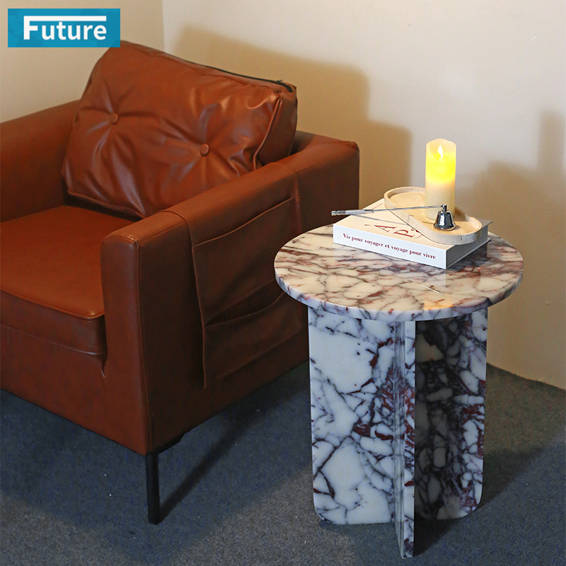 Round Top Modern 100% Natural Calacatta Viola Violet Stone Side Table for Apartment Villa Mansion Hotel Living Room Bed Rooom Furniture