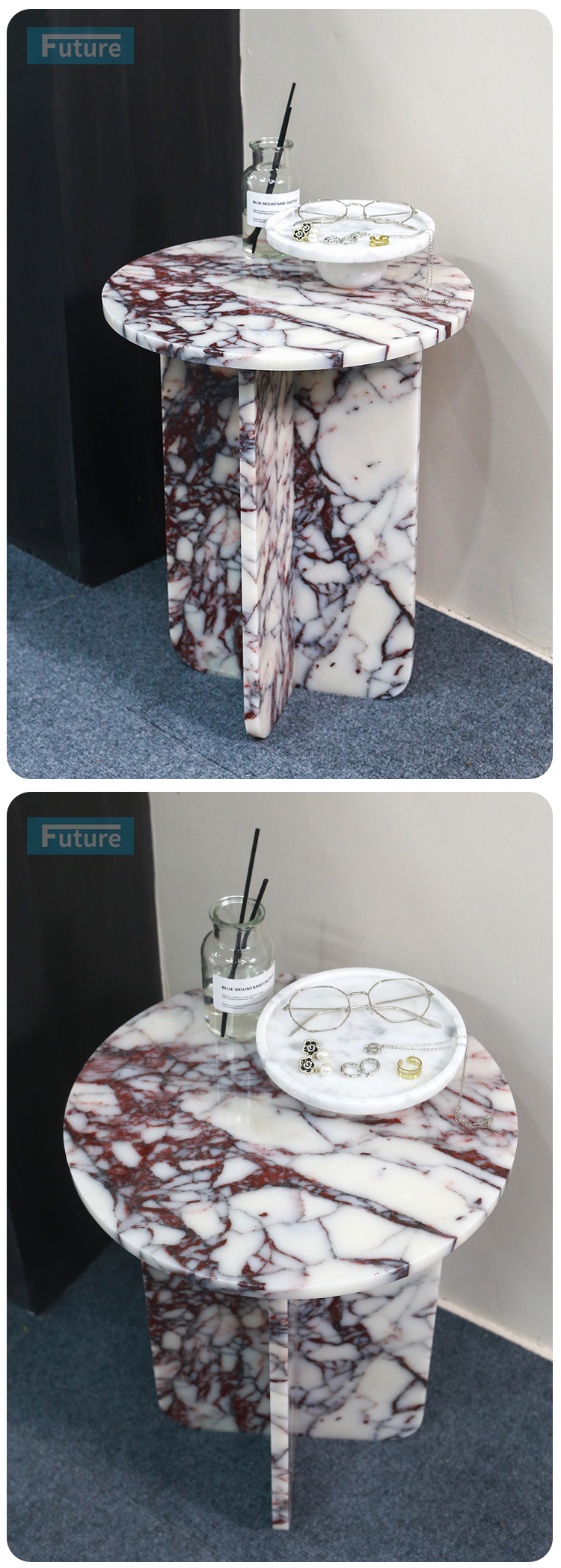 Round Top Modern 100% Natural Calacatta Viola Violet Stone Side Table for Apartment Villa Mansion Hotel Living Room Bed Rooom Furniture