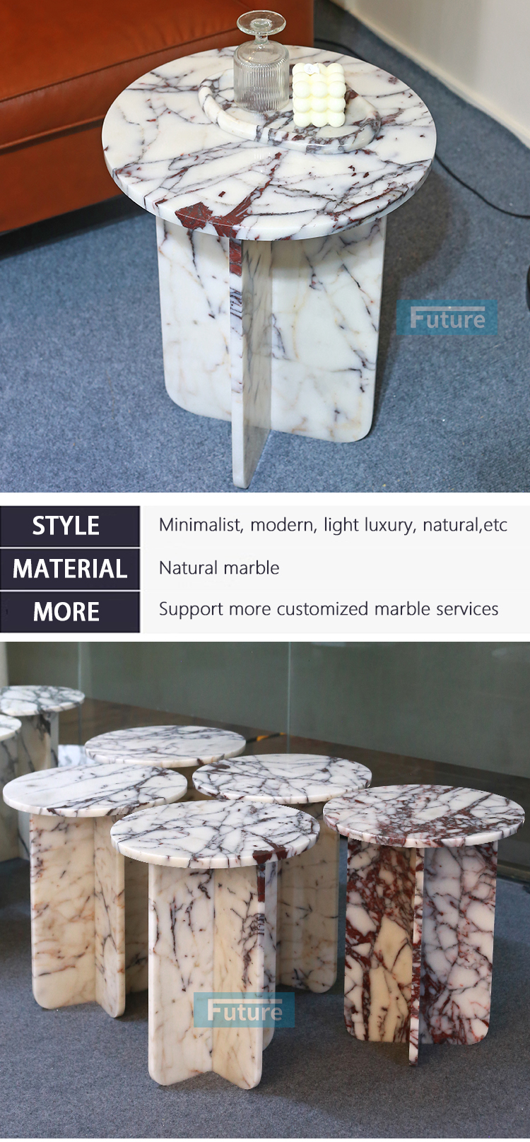 Round Top Modern 100% Natural Calacatta Viola Violet Stone Side Table for Apartment Villa Mansion Hotel Living Room Bed Rooom Furniture